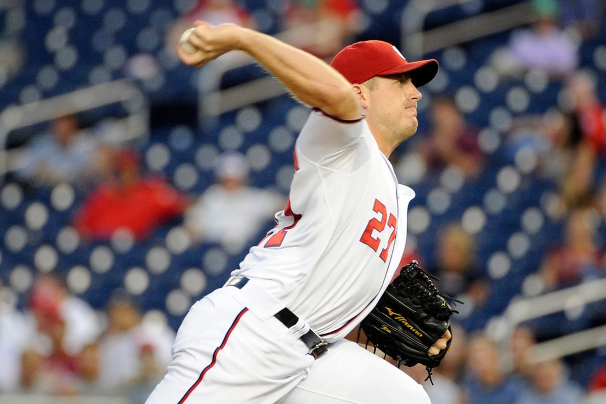 WASHINGTON, DC - AUGUST 23:  Jordan Zimmermann #27 of the Washington Nationals pitches against the Arizona Diamondbacks at Nationals Park on August 23, 2011 in Washington, DC.  (Photo by Greg Fiume/Getty Images)