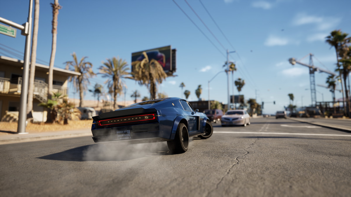 A muscle car drifts on a Los Angeles street in MindsEye