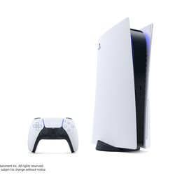 The standard PlayStation 5 — note the 4K Blu-ray Disc drive on the right side — in its vertical stand.