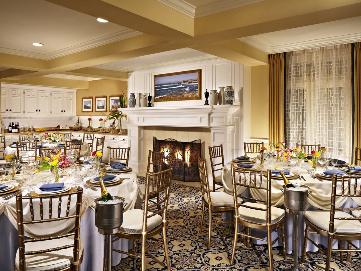 Restaurant with banquet tables and fireplace