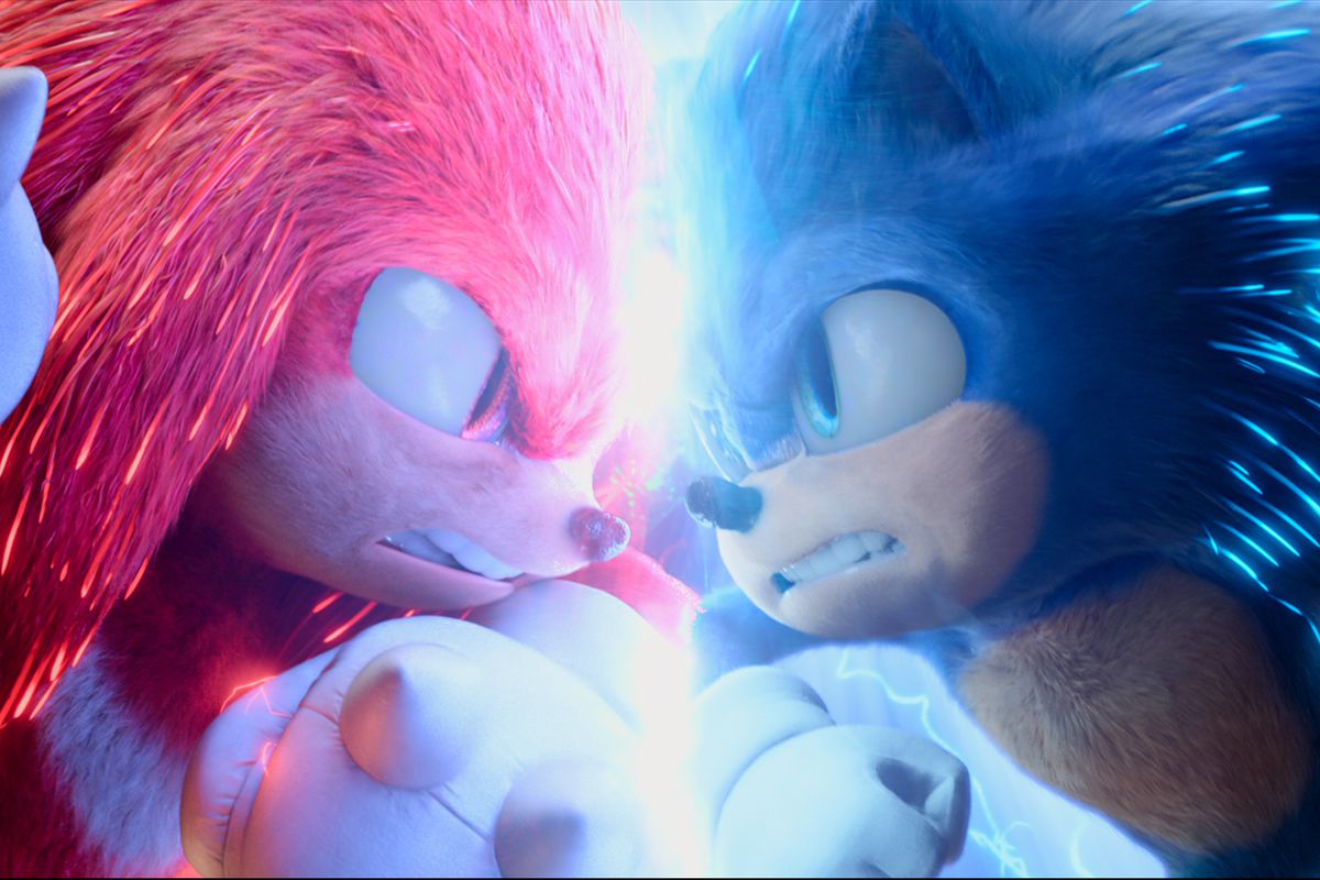 Knuckles and Sonic square off, face to face, in a still from Sonic the Hedgehog 2