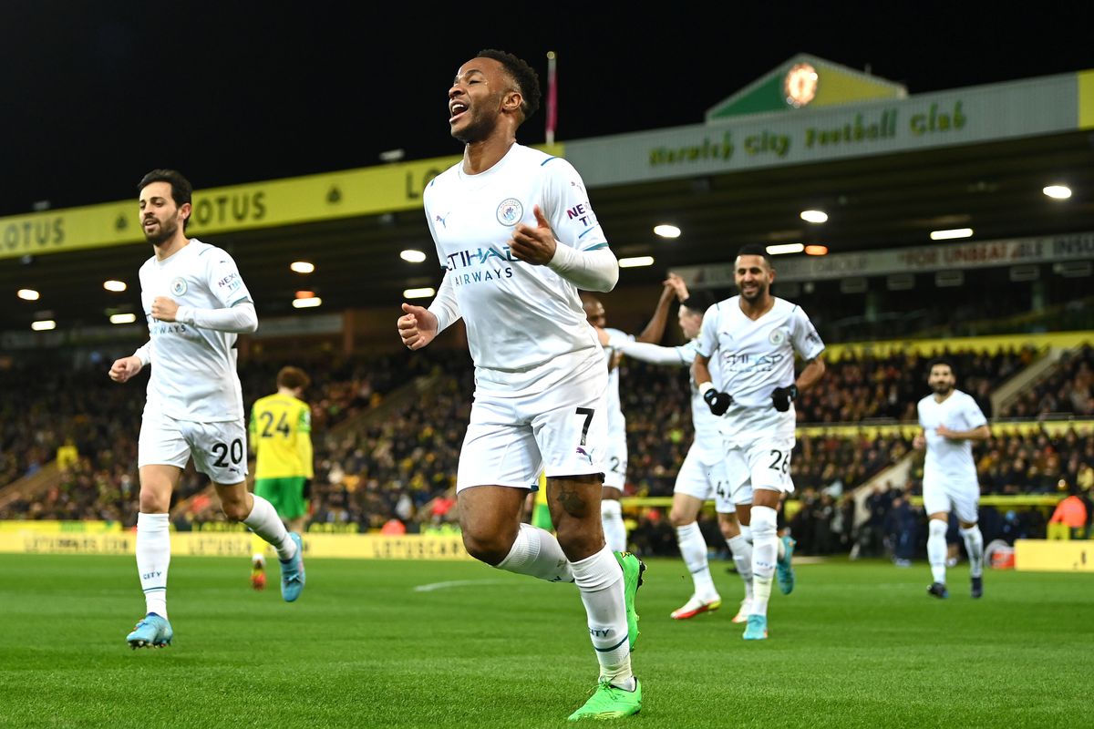 Raheem Sterling of Manchester City celebrates after scoring their side’s first goal during the Premier League match between Tottenham Hotspur and Wolverhampton Wanderers at Tottenham Hotspur Stadium on February 13, 2022 in London, England.