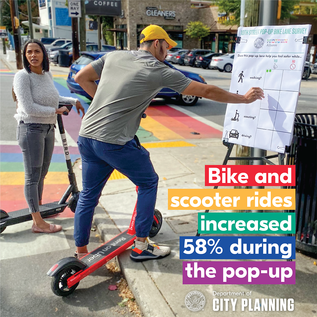 A photo is colorfully captioned “Bike and scooter rides increased 58 percent during the pop-up.”
