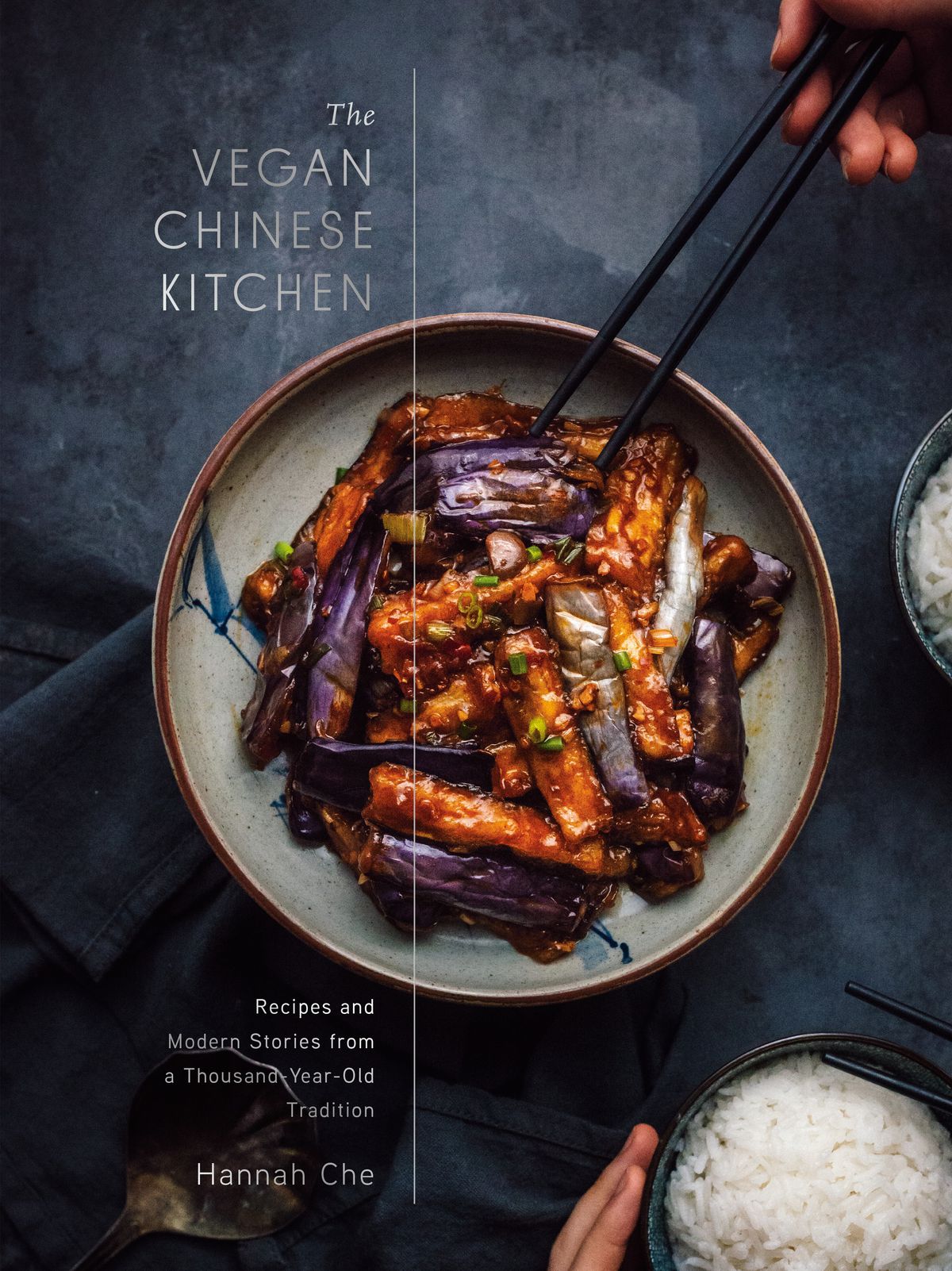 The cover of the Vegan Chinese Kitchen featuring a bowl of eggplant