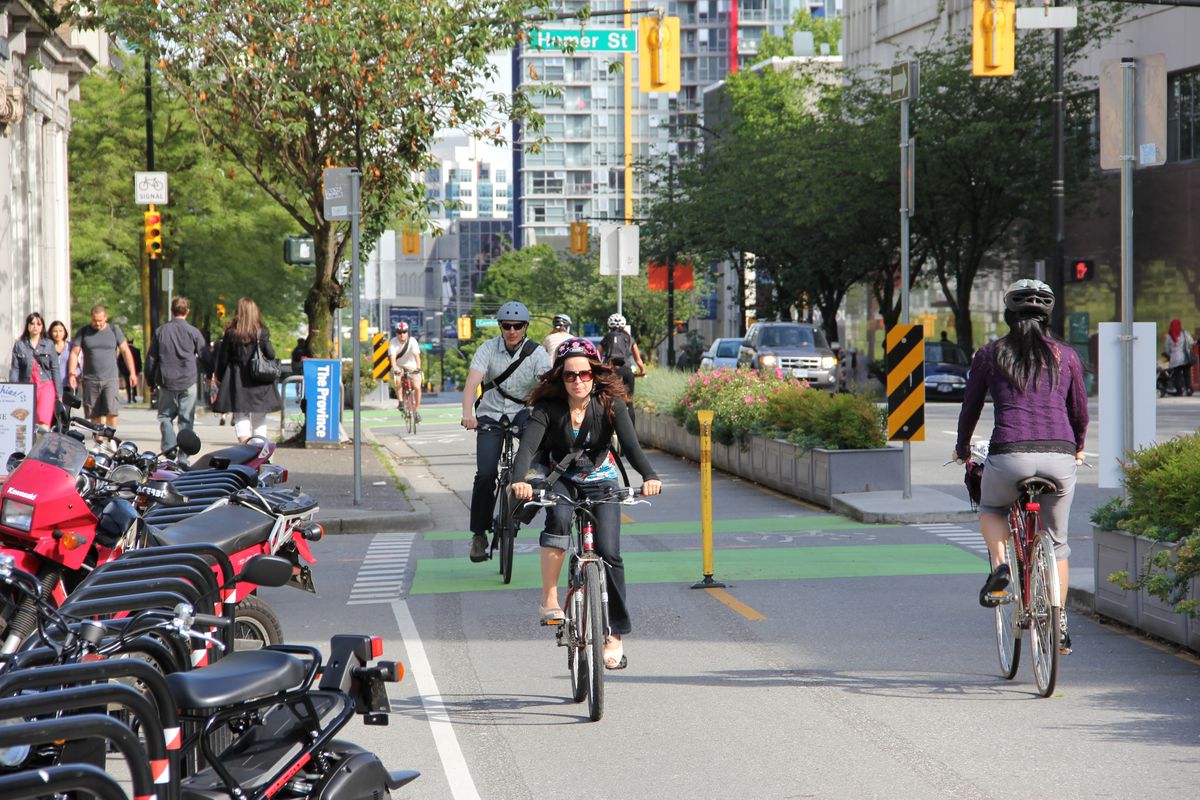 Vancouver's Dunsmuir Street, which has a protected bike lane.
