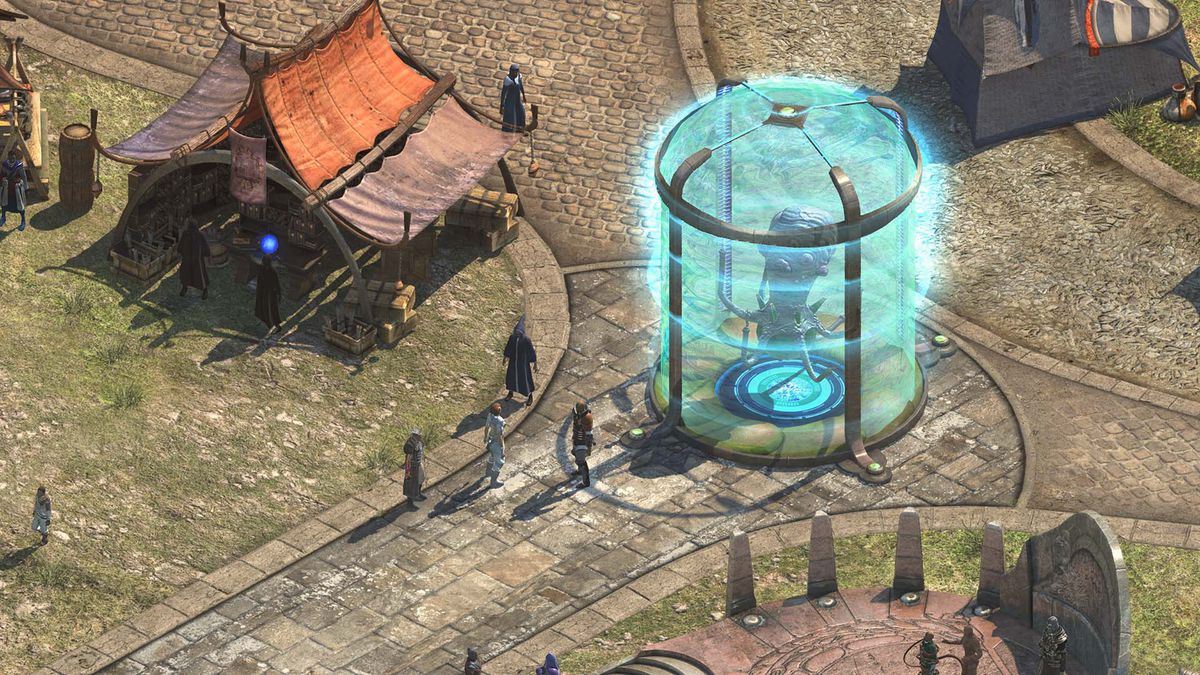 In this screenshot from Torment: Tides of Numenera, a group of characters stands on a path in front of a large glowing cage. Within the cage a strange tentacled monster is encased. Tents and other structures are set up nearby, to the side of the road, and