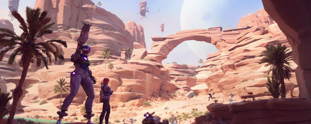 Futuristic armed characters stand near a vehicle in a bright, rocky canyon in Everywhere
