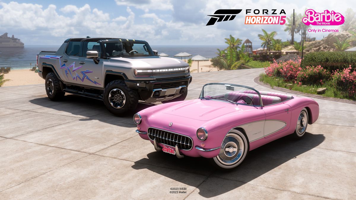 Image showing Ken’s 2022 GMC Hummer EV Pickup and Barbie’s 1956 Chevrolet EV Corvette, from the Barbie movie, as they appear in the Mexico of Forza Horizon 5