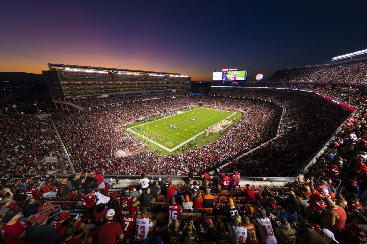 General view of the interior of Levis Stadium from an elevated level at sunset during the NFL regular season football game between the Cleveland Browns and the San Francisco 49ers on Monday, Oct. 7, 2019 at Levi’s Stadium in Santa Clara, Calif.