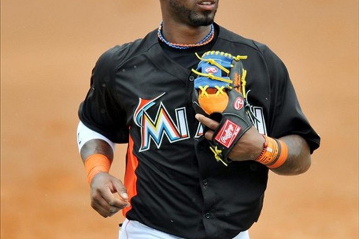 March 15, 2012; Jupiter, FL, USA; Miami Marlins shortstop Jose Reyes (7)  in the second inning during a spring training game against the New York Mets at Roger Dean Stadium. Mandatory Credit: Steve Mitchell-US PRESSWIRE