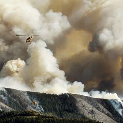 A helicopter attacks the Tank Hollow Fire in Spanish Fork Canyon on Saturday, Aug. 26, 2017. Officials say 129 fire personnel are fighting the 3,000-acre blaze.