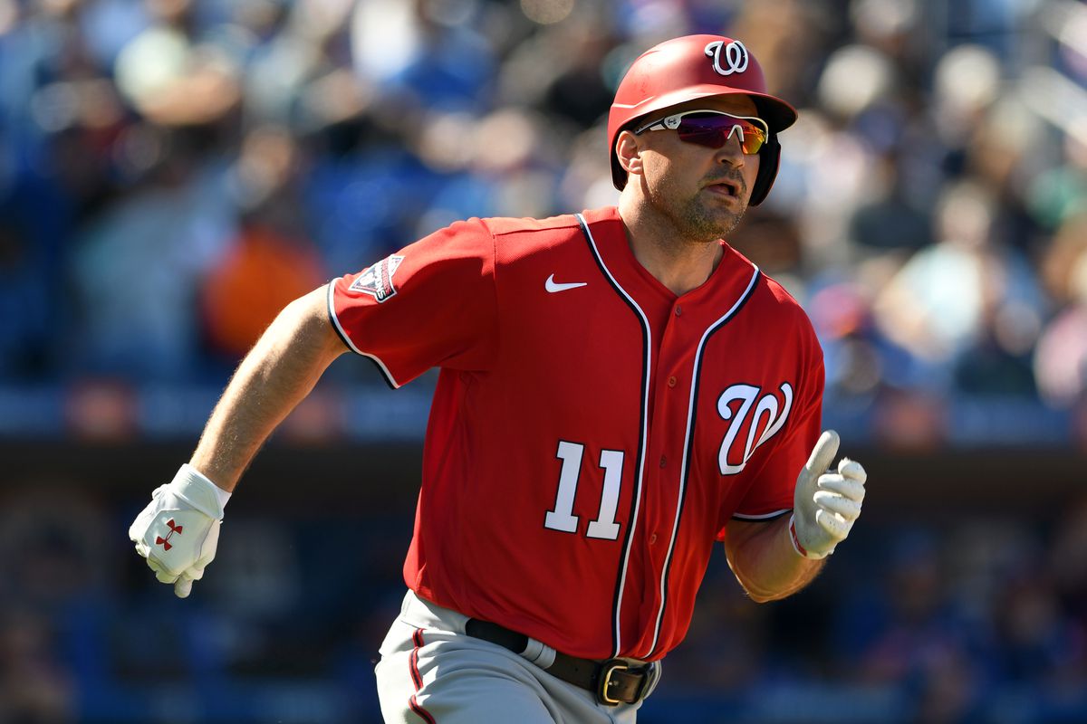 Washington Nationals infielder Ryan Zimmerman doubles against the New York Mets in the fourth inning at Clover Park.