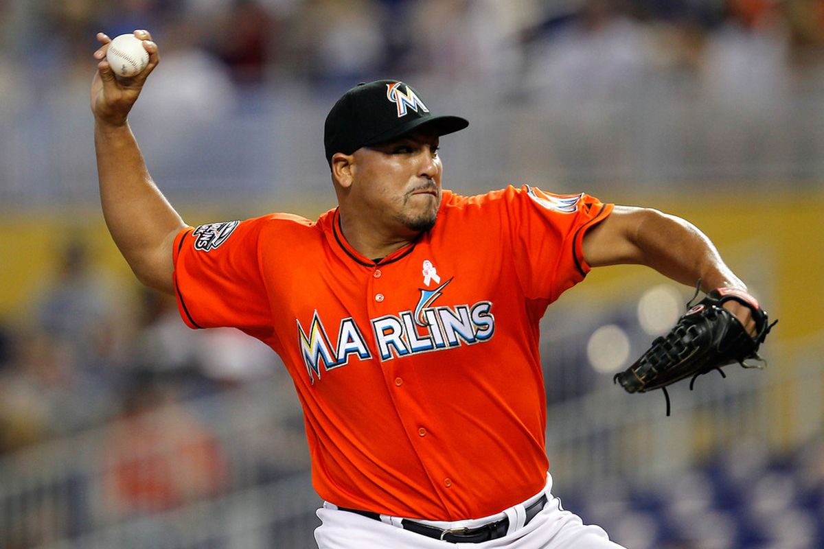 MIAMI, FL - MAY 13: Carlos Zambrano #38 of the Miami Marlins pitches during a game against the New York Mets at Marlins Park on May 13, 2012 in Miami, Florida.  (Photo by Sarah Glenn/Getty Images)