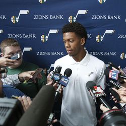 Tyrone Wallace from California is introduced to media as one of the newest Jazz guards in Salt Lake City, Wednesday, June  29, 2016.