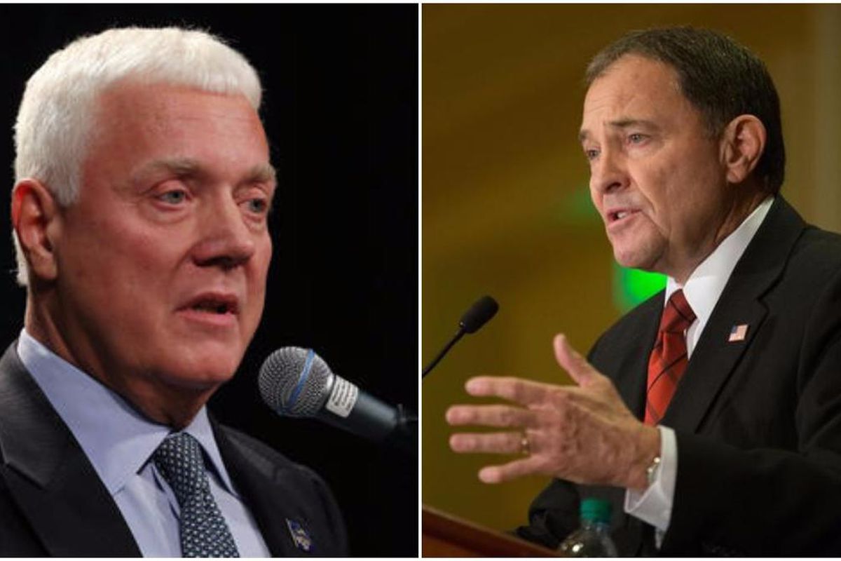 In this composite photo, GOP Gov. Gary Herbert, right, has a 41-point lead in a new UtahPolicy.com poll, but his Democratic challenger, Mike Weinholtz, left, is counting on TV commercials introducing himself to voters to start closing the gap.