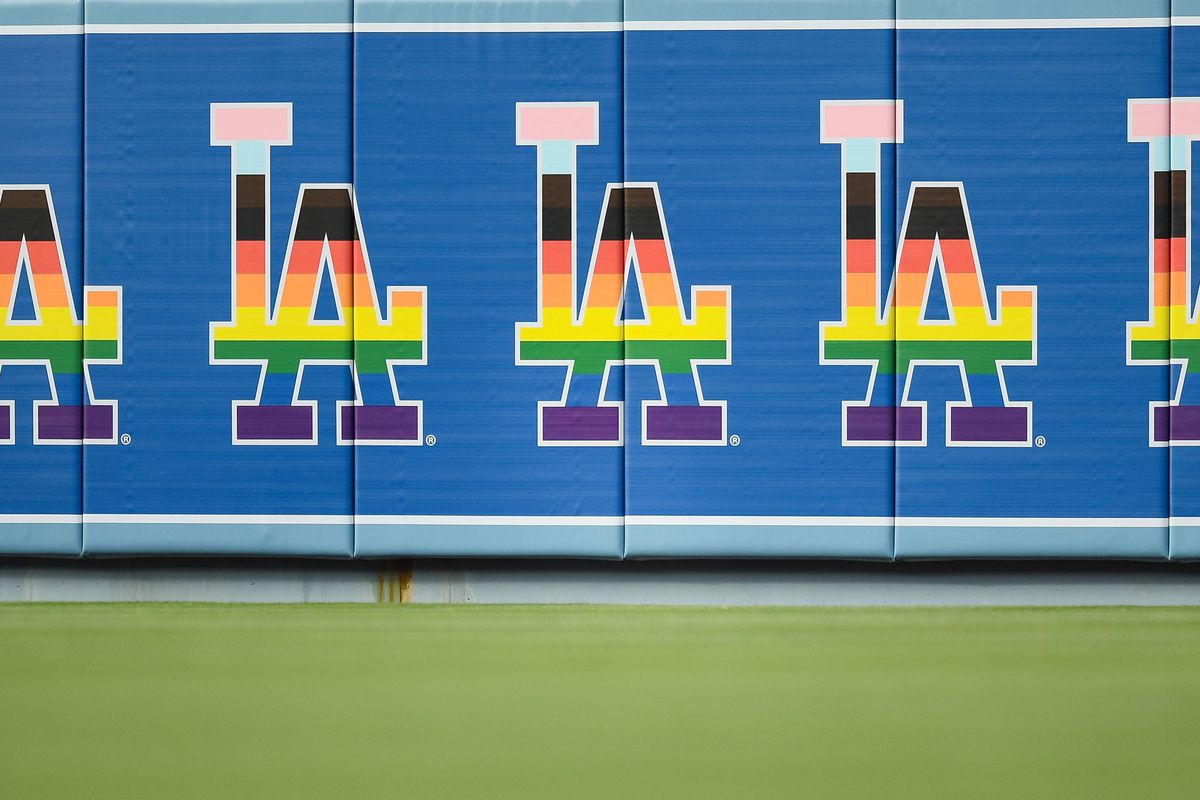 The Dodgers’ L.A. logo is done up in rainbow colors.