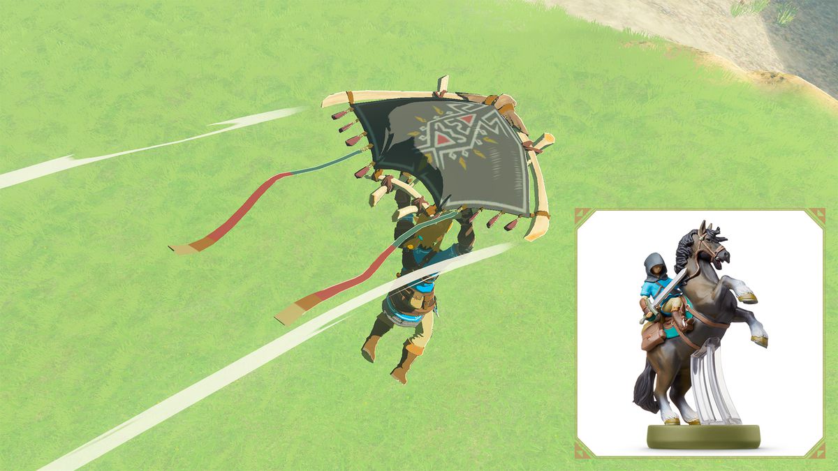 Link se desliza en Tears of the Kingdom usando un planeador inspirado en la capucha que usa en Breath of the Wild.  El amiibo “Link (Rider) está en la esquina inferior derecha.