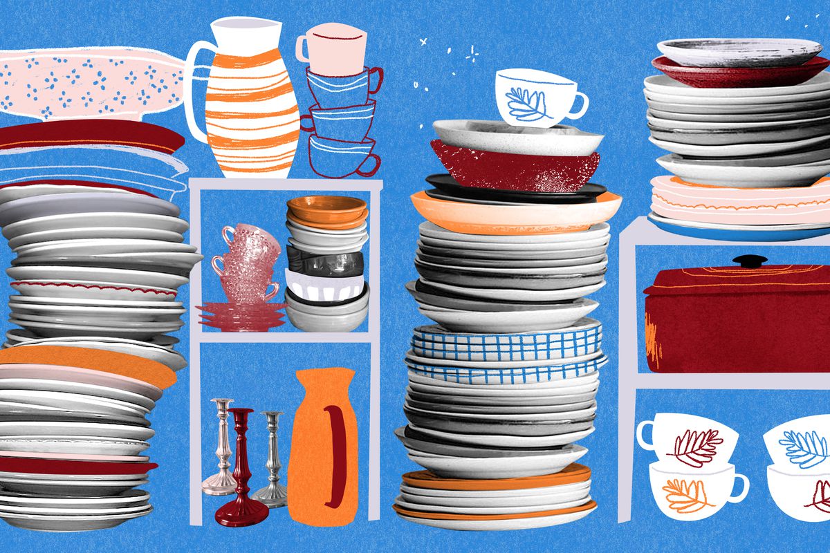 An illustration of orange, white, and red dishes stacked up. There is a blue background.