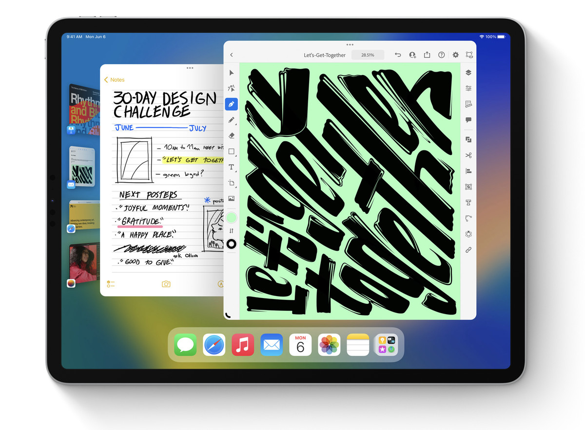 Captura de pantalla de iPadOS 16 con la base Stage Manager a la izquierda y la base de aplicaciones en la parte inferior