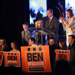 Salt Lake County Mayor Ben McAdams speaks at the Utah Democrats' election night party at the Sheraton in Salt Lake City on Tuesday, Nov. 8, 2016.