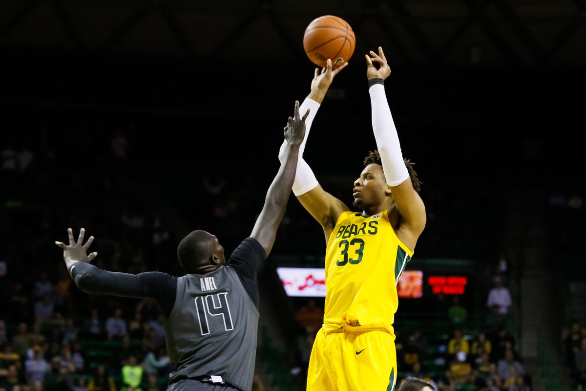 Baylor Bears forward Freddie Gillespie shoots over Oklahoma State Cowboys forward Yor Anei during the second half at Ferrell Center.&nbsp;
