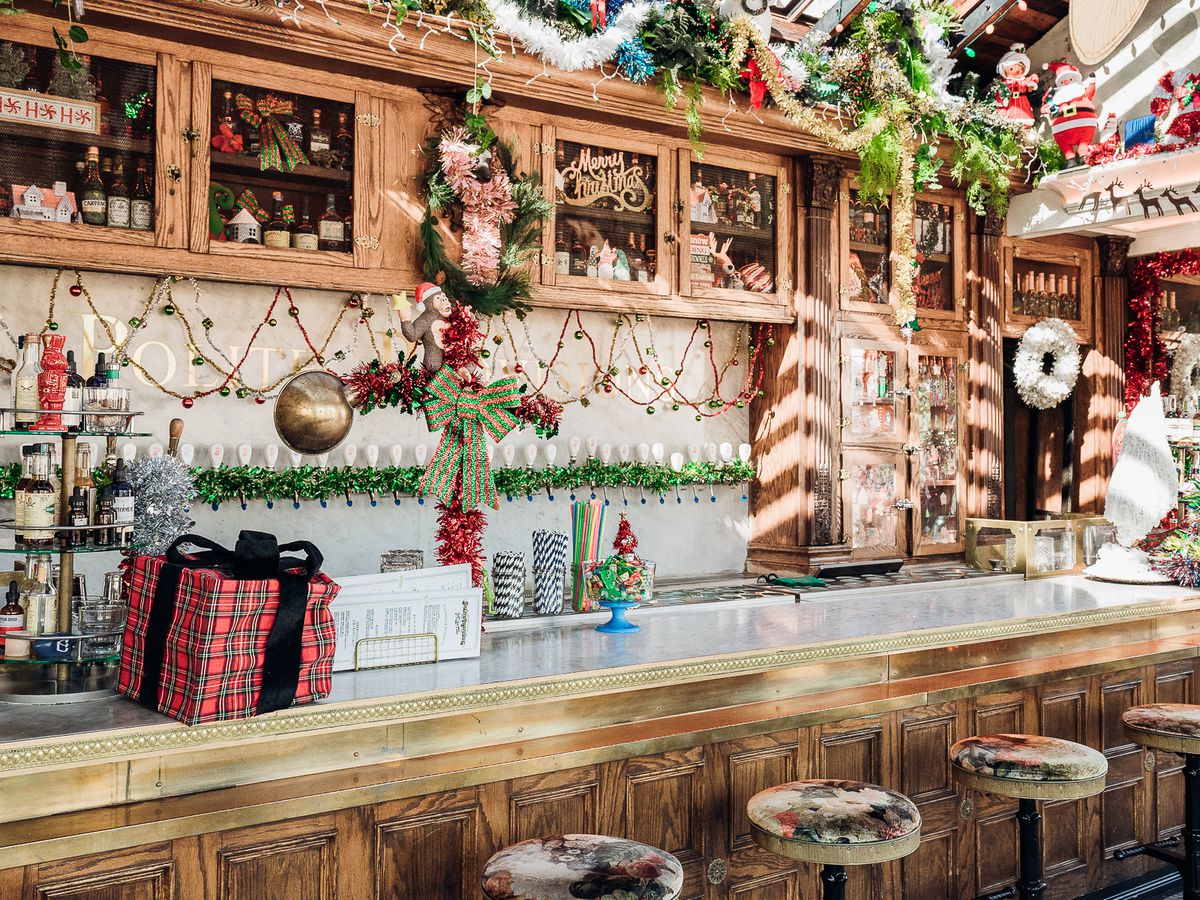A decorated bar for the holidays.