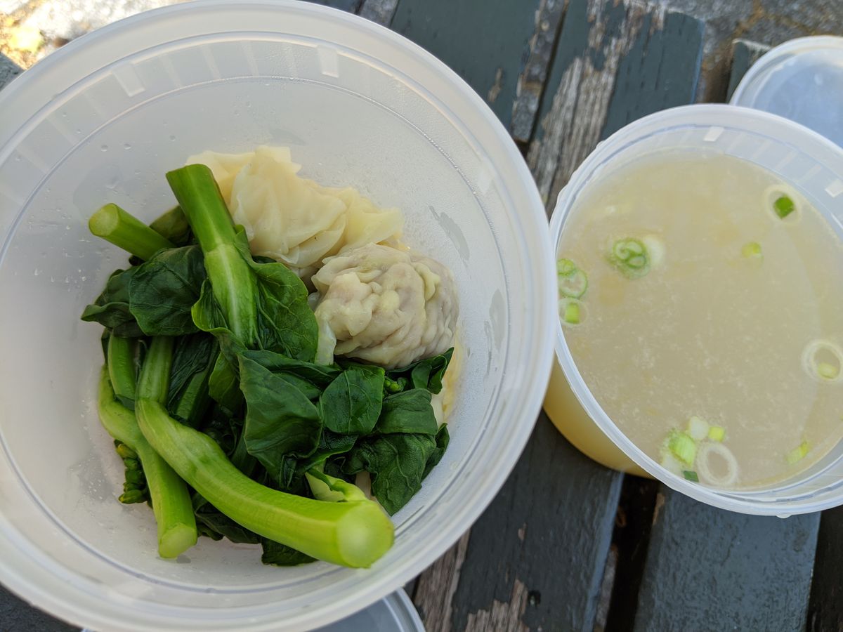 Broth in one container, noodles, vegetables, and dumplings in the other.