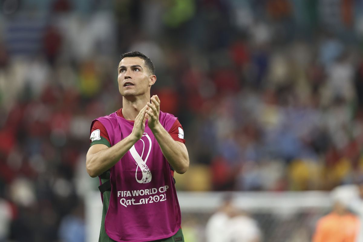 Cristiano Ronaldo of Portugal celebrates winning the game at full time during the FIFA World Cup Qatar 2022 Group H match between Portugal and Uruguay at Lusail Stadium on November 28, 2022 in Lusail City, Qatar.