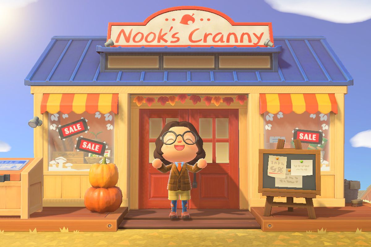 an animal crossing villager standing outside of nook’s cranny 
