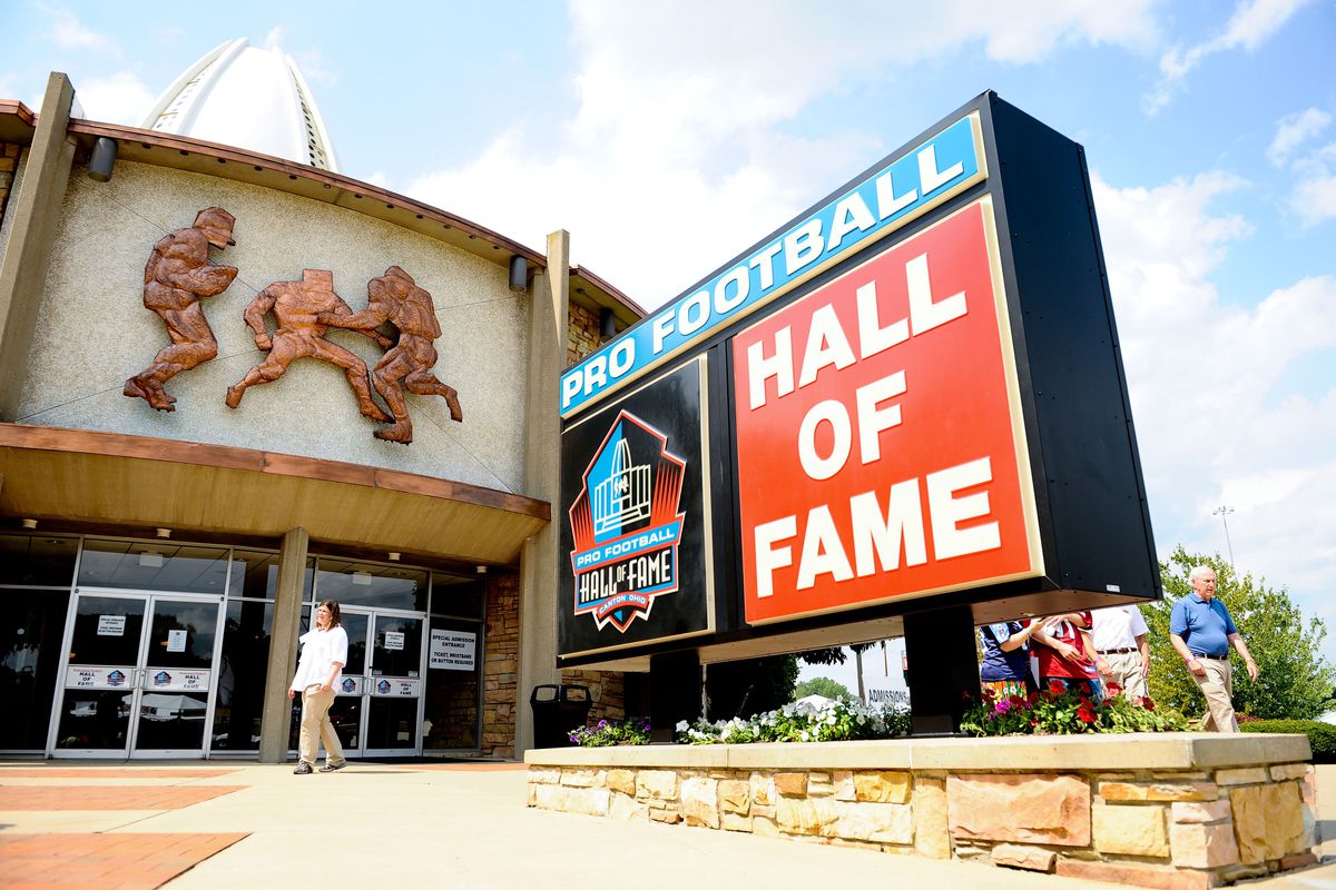 Aug 4, 2012; Canton, OH, USA; A general view of the entrance at the Pro Football Hall of Fame before the 2012 enshrinement at Fawcett Stadium. Mandatory Credit: Tim Fuller-US PRESSWIRE