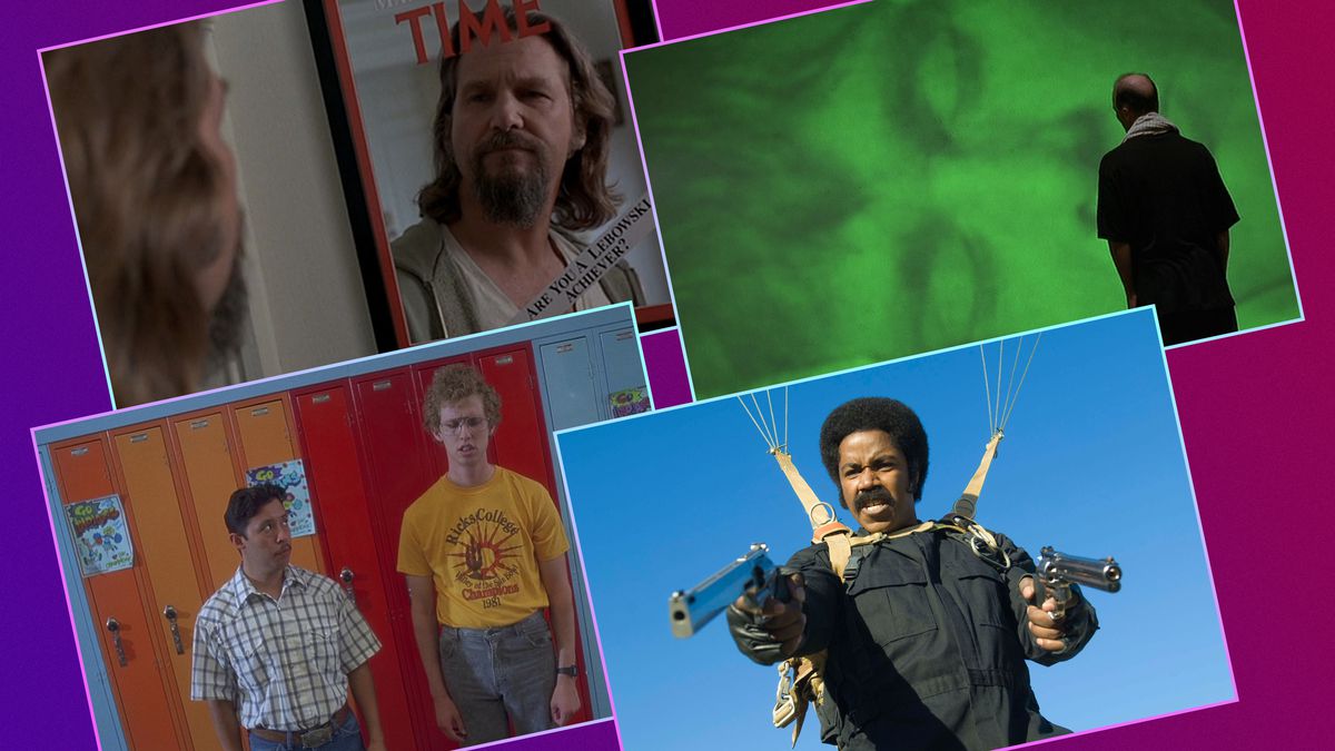 A four-panel image featuring screenshots from films including The Big Lebowski, Napoleon Dynamite, The Truman Show, and Black Dynamite.