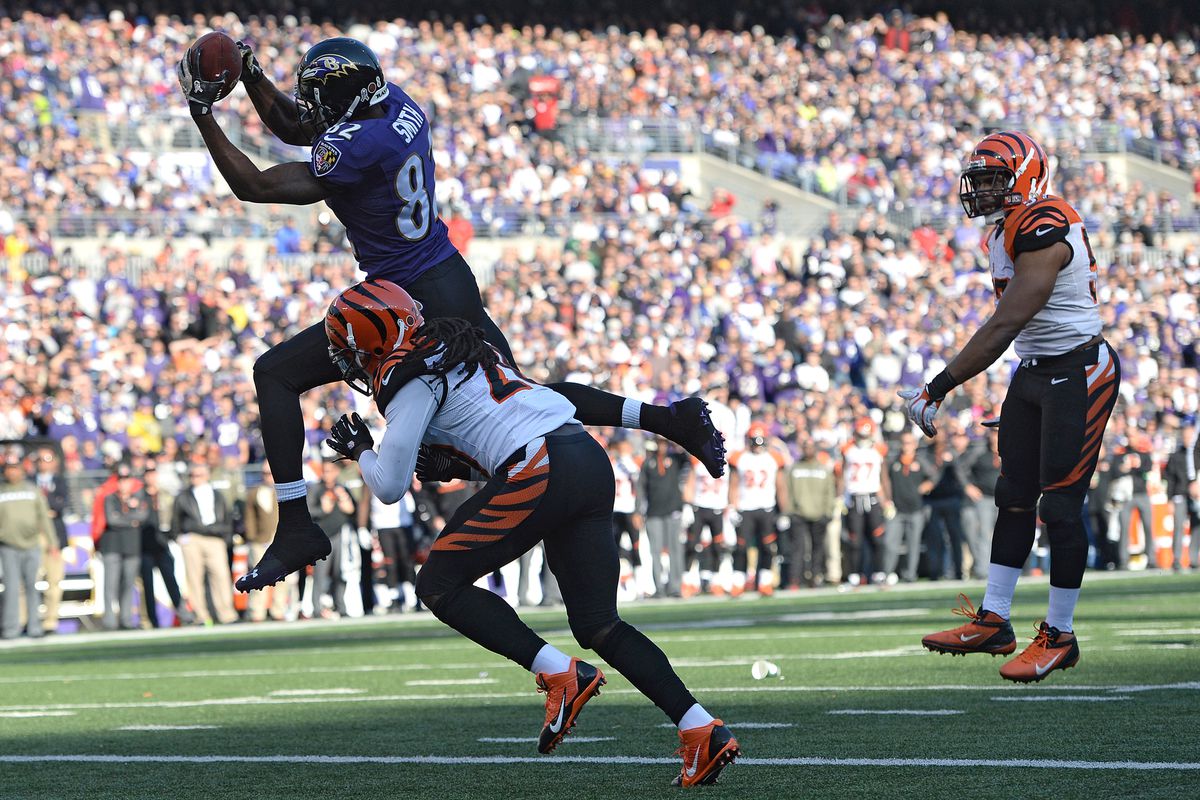 Torrey Smith caught one of the two Ravens' touchdowns on Sunday. 
