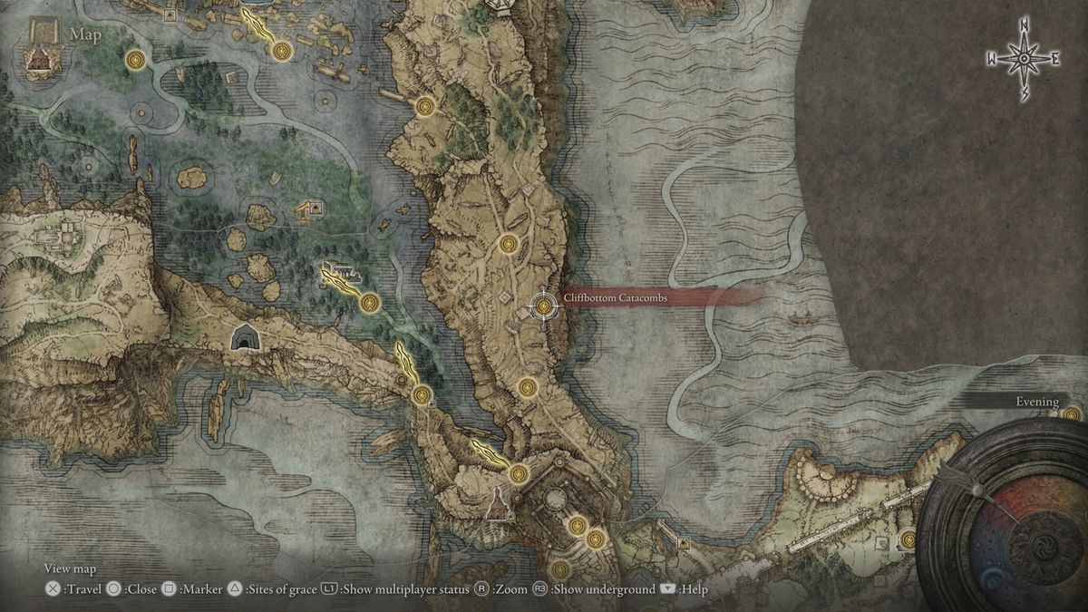 Elden Ring’s map, showing the location of&nbsp;Cliffbottom Catacombs.