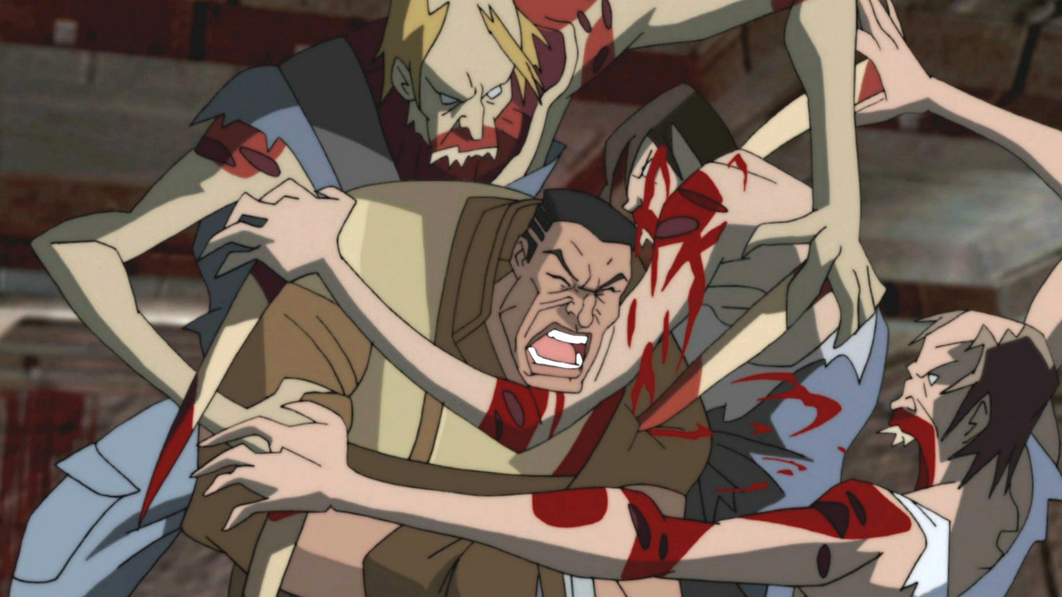 An animated man in a brown uniform screaming as he is assailed by mutated zombie-like creatures.