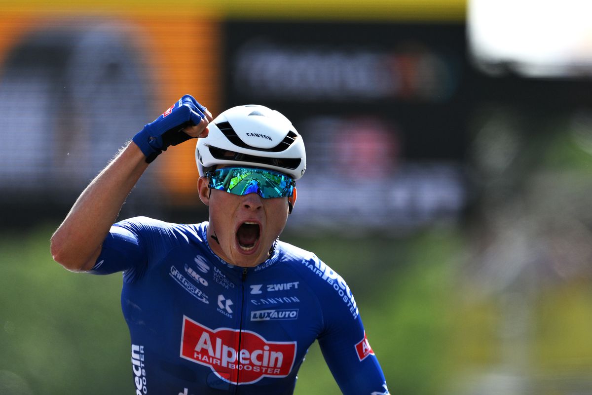 Jasper Philipsen of Belgium and Team Alpecin-Deceuninck celebrates at finish line as stage winner during the stage three of the 110th Tour de France 2023 a 193.5km stage from Amorebieta-Etxano to Bayonne / #UCIWT / on July 03, 2023 in Bayonne, France.