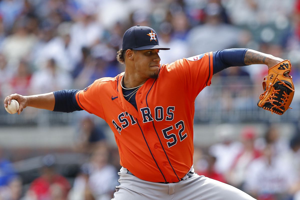 Bryan Abreu of the Houston Astros pitches during the ninth inning against the Atlanta Braves at Truist Park on April 23, 2023 in Atlanta, Georgia.