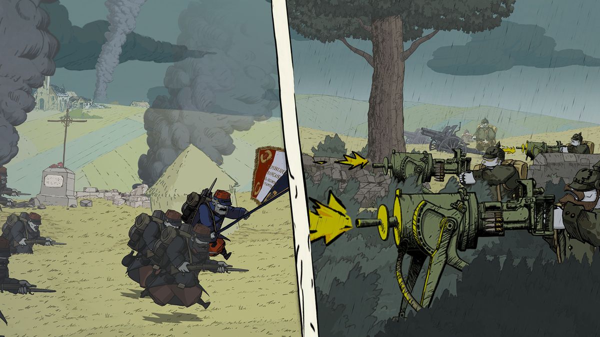Images of soldiers in WW1, done in a hand-drawn style, as part of the gameplay for Valiant Hearts