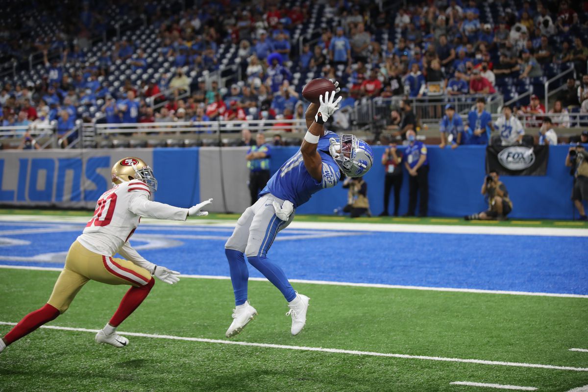 Kalif Raymond #11 of the Detroit Lions makes a catch during the game against the San Francisco 49ers at Ford Field on September 12, 2021 in Detroit, Michigan.