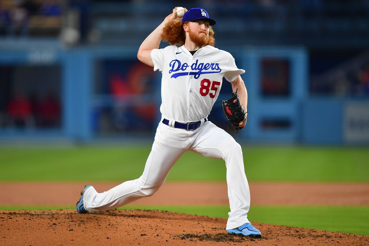 Los Angeles Dodgers starting pitcher Dustin May throws against the St. Louis Cardinals during the second inning at Dodger Stadium.