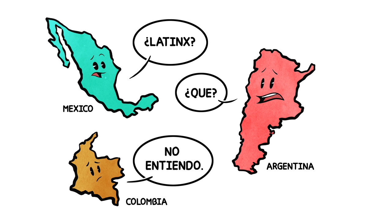 Cartoon of the outline of Mexico saying “Latinx?” and Argentina saying “Que?” and Colombia saying “No entiendo.”