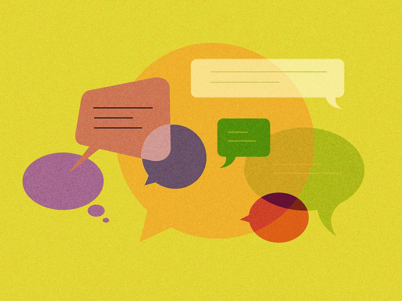 Illustration of colorful speech bubbles overlapping against a yellow background.