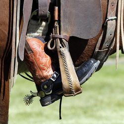 A backwards boot rests in the stirrup on Border Patrol agent Nicholas J. Ivie's horse as agent Ivie is interred in Spanish Fork, Thursday, Oct. 11, 2012.