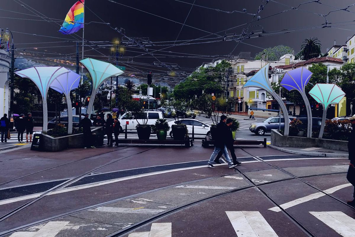 A rendering of giant, glowing dandelions near the Castro’s rainbow flag.