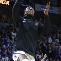 UConn’s Batouly Camara warms up before their Sweet 16 matchup with Duke.