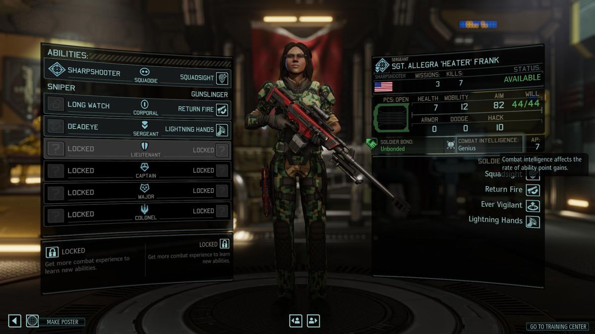 The stats for Sgt. Allegra Frank, as viewed from the barracks.
