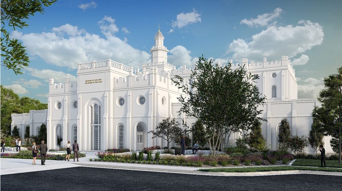 Rendering of the new temple annex from the perspective showing the west tower of the St. George Utah Temple.