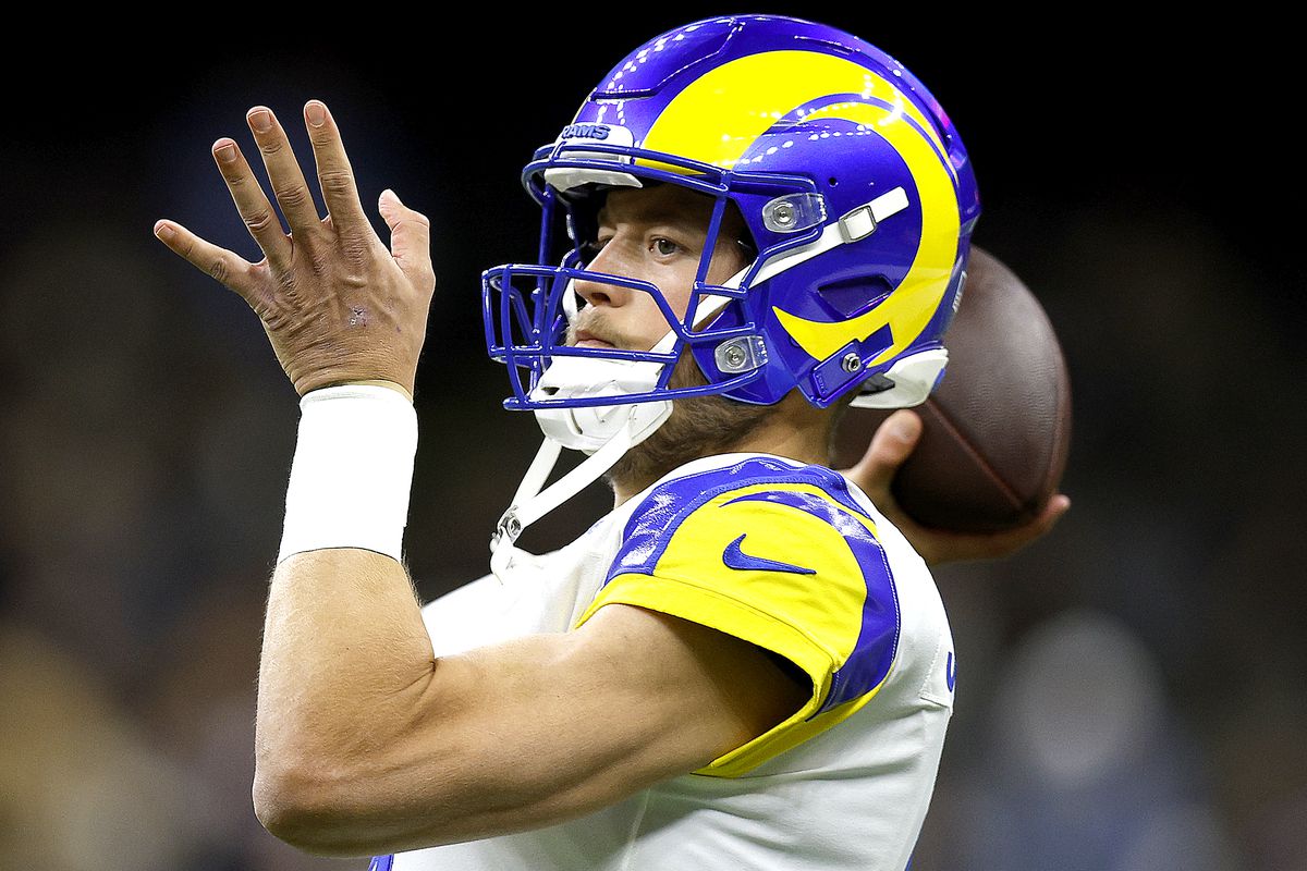 Matthew Stafford #9 of the Los Angeles Rams warms up prior to the start of an NFL game against the New Orleans Saints at Caesars Superdome on November 20, 2022 in New Orleans, Louisiana.