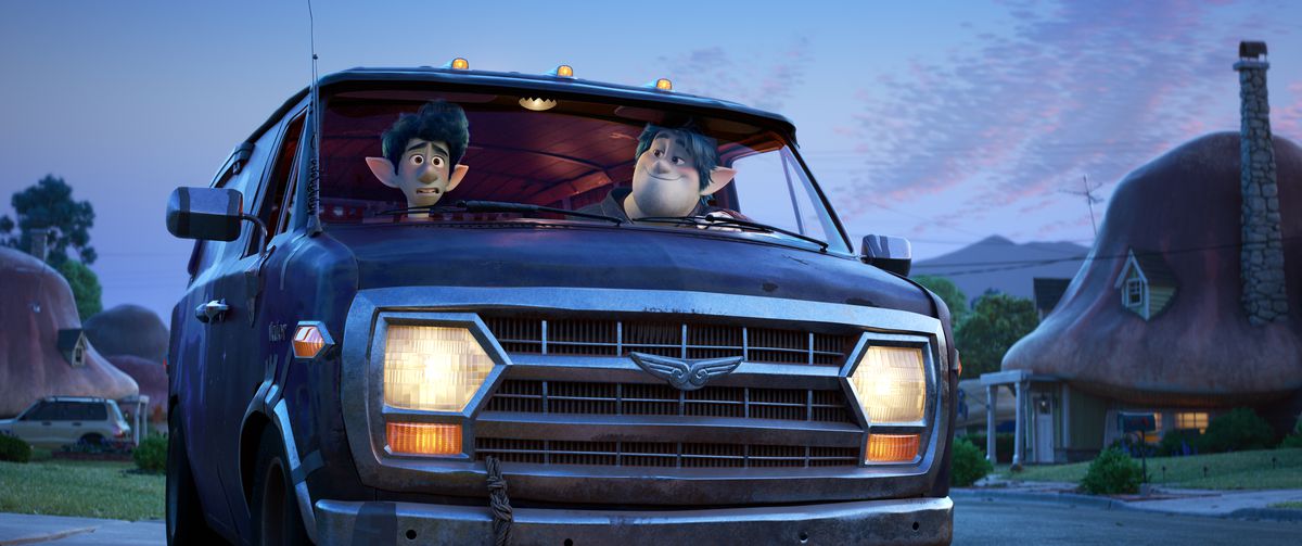 Blue-skinned animated elf brothers Ian, who looks nervous, and Barley, who looks smug, sit in the front seats of a blue van together in Onward