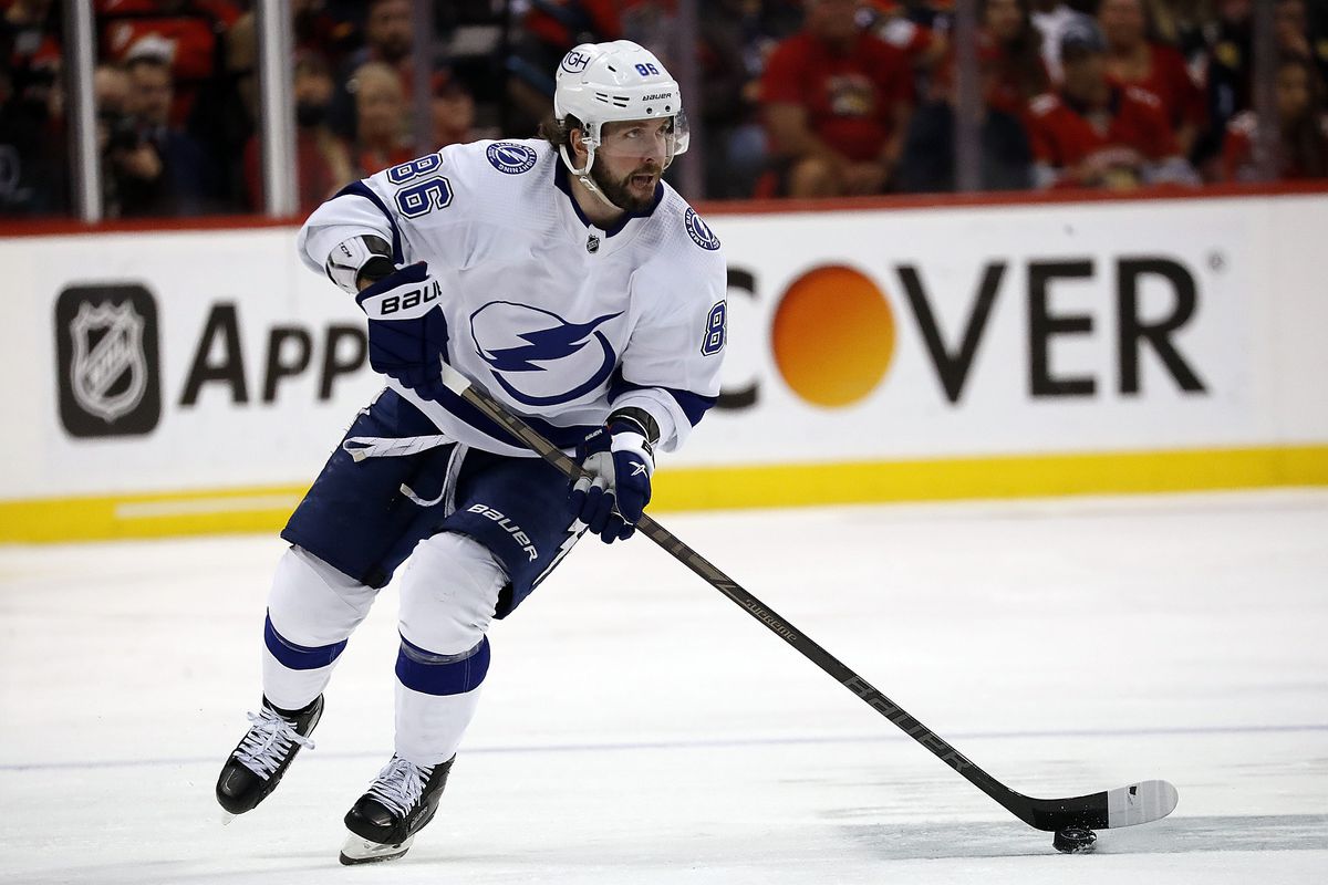 Nikita Kucherov #86 of the Tampa Bay Lightning skates with the puck against the Florida Panthers in Game One of the Second Round of the 2022 Stanley Cup Playoffs at the FLA Live Arena on May 17, 2022 in Sunrise, Florida.