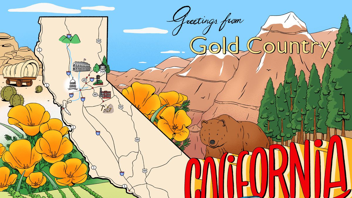 An illustrated map of California set over a background of mountains, pine trees, and golden poppies.